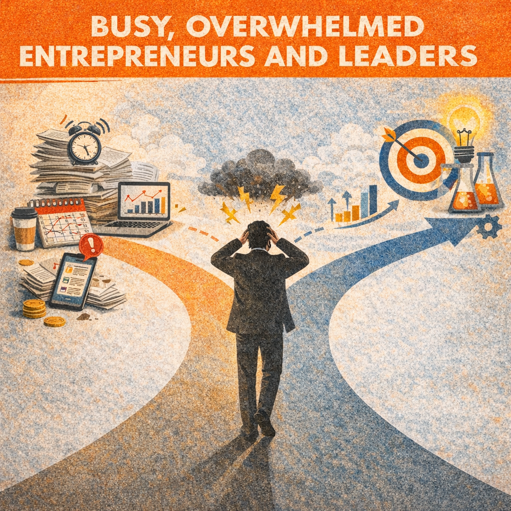 Overwhelmed leaders and entrepreneur at a crossroads