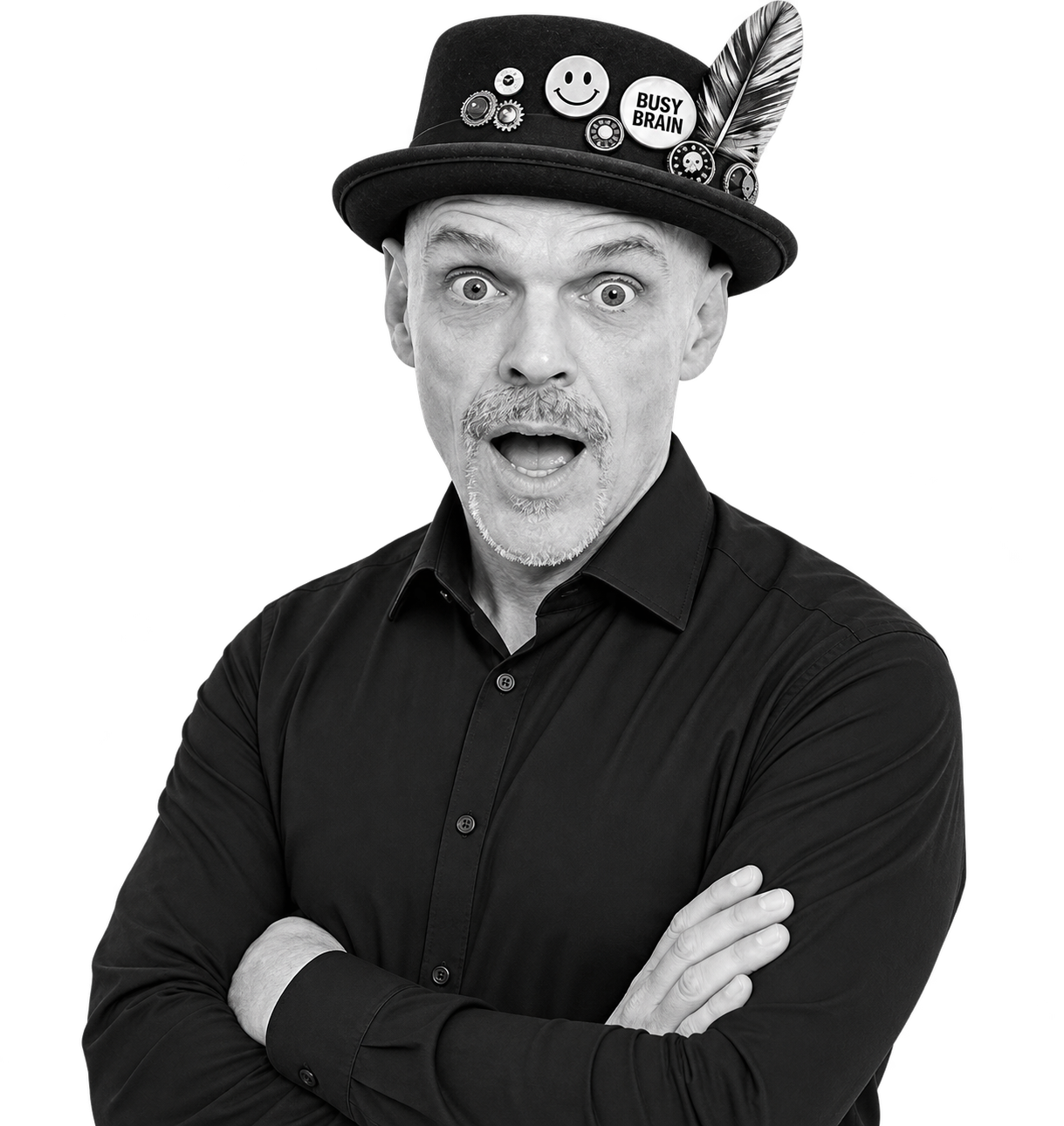 Miles Harrop wearing the Busy Brain hat